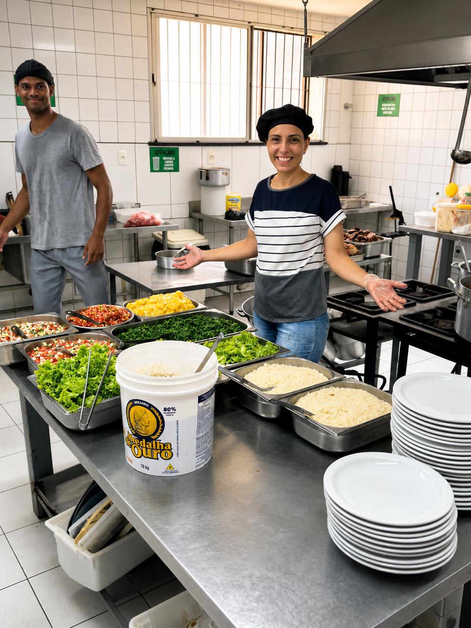 Chef Lu e a equipe na cozinha da Zen Marmitas, em Salvador