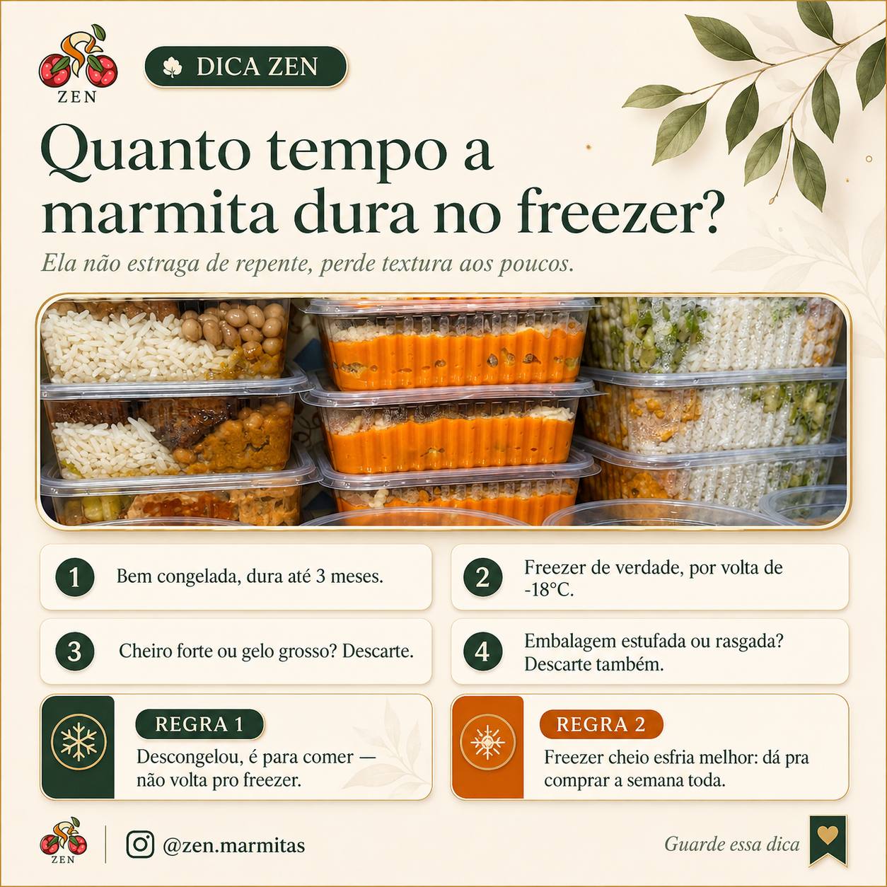 Marmitas congeladas organizadas dentro do freezer