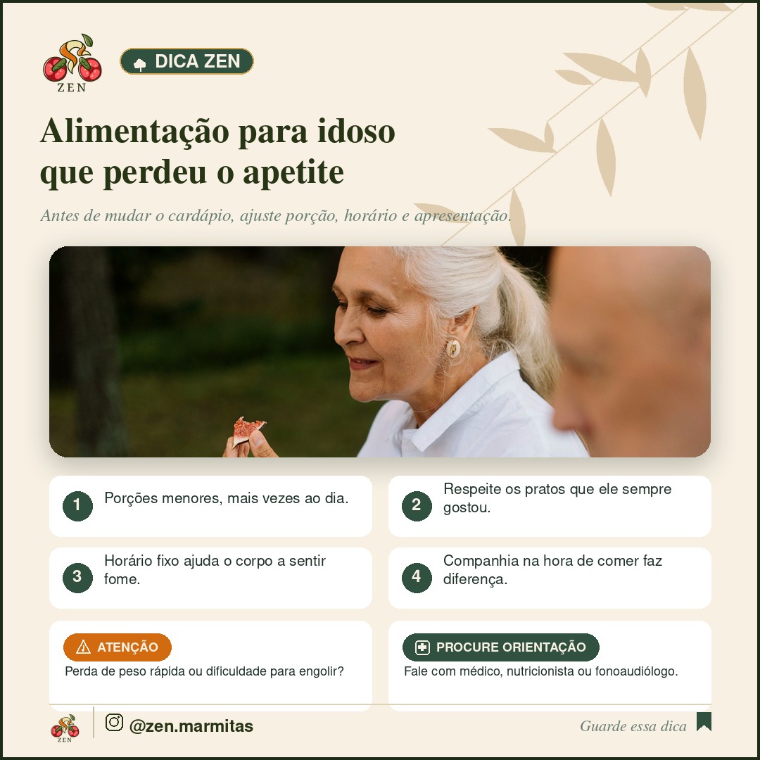Idoso sendo servido com uma porção pequena de comida, com atenção e companhia na hora da refeição